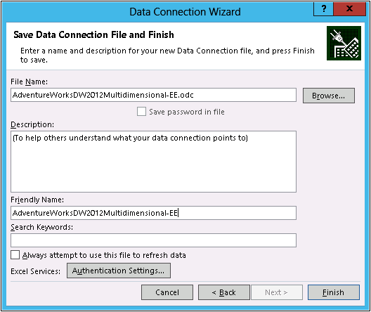 Screenshot of the Data Connection Wizard dialog for Save Data Connection File And Finish step.