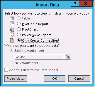 Screenshot of the Import Data dialog with the option set to Only Create Connection.