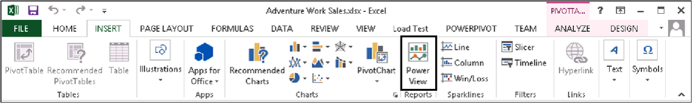 Screenshot of the ExcelServicesDMDemo.xls workbook in Excel 2013 with the PivotTable Tools tab selected displaying the highlighted Power View ribbon button in the ribbon.