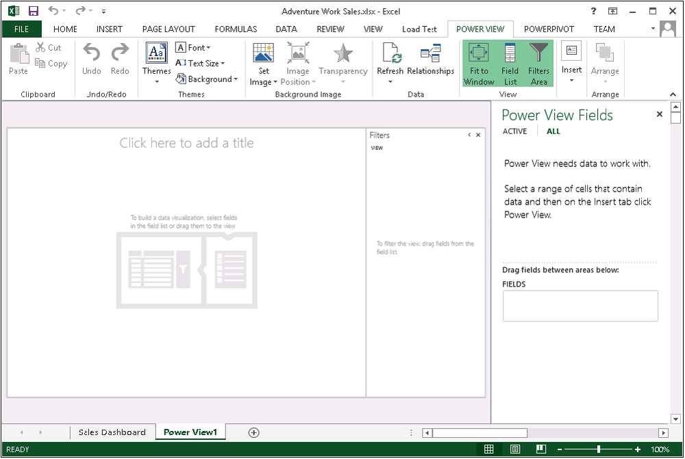 Screenshot of the Power View chart in Excel 2013 for the Adventure Works Sales .xls demo workbook. The Power View tab is selected and the Fit to Window, Field List, and Filters Area ribbon buttons are highlighted. The Power View Fields panel is also displaying on the right.