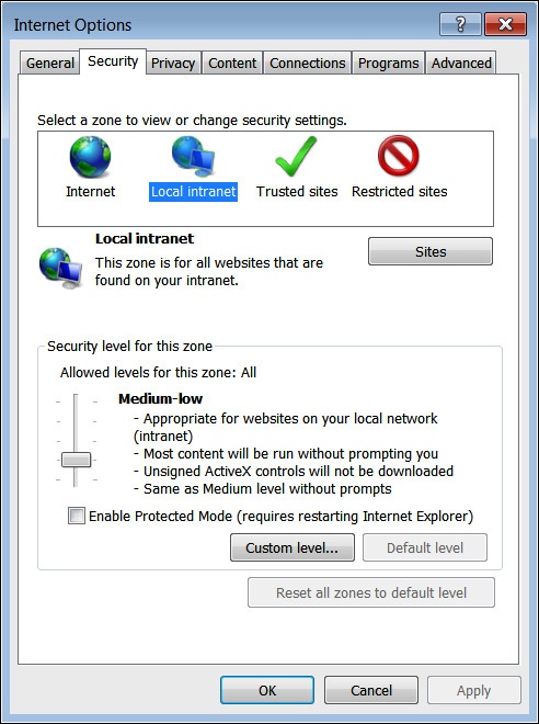 Screenshot of the Internet Explorer Security Zone settings tab options, which is part of the Internet Explorer browser Internet Options.