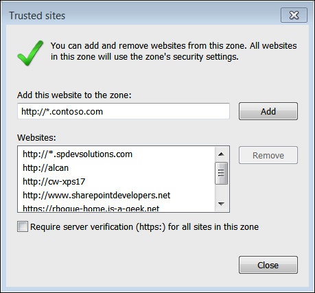 Screenshot showing the Trusted Sites dialog. The SharePoint site URL is added to the list of Websites for the Trusted Sites zone.