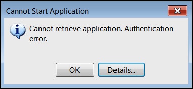 A screenshot of the Cannot Start Application Dashboard Designer authentication error. This error happens when you try to launch the Dashboard Designer from a computer not on a domain.