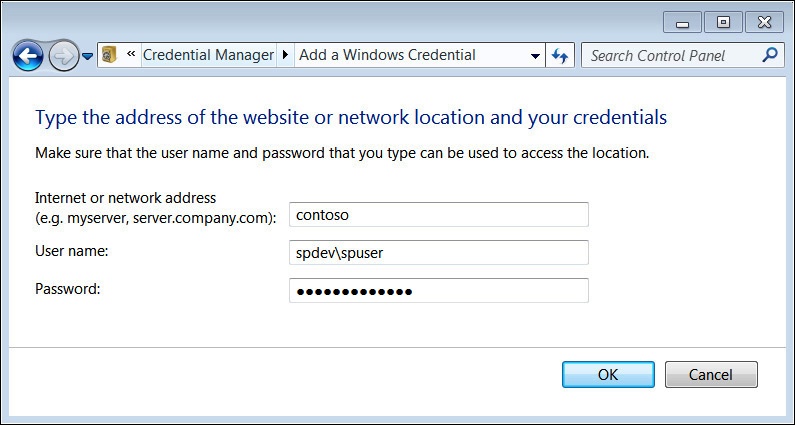 A screenshot showing the Windows Credential Manager. A new Windows credential is added by setting the website address, username, and password.