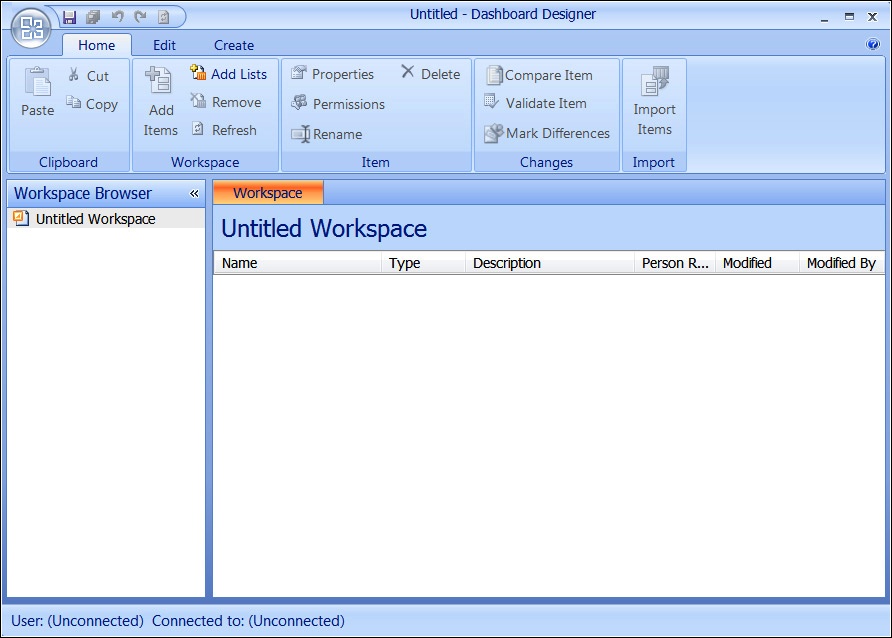 A screenshot of the PerformancePoint Services Dashboard Designer successfully launched showing it is unconnected to a SharePoint site.