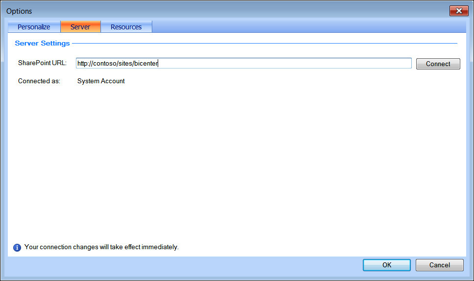 A screenshot showing the dialog options for setting the SharePoint URL from the Server tab. Once the SharePoint URL is set, the Connect button is clicked.