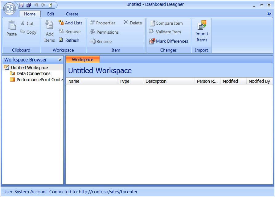 A screenshot of the Dashboard Designer showing it is now connected to the SharePoint server site.