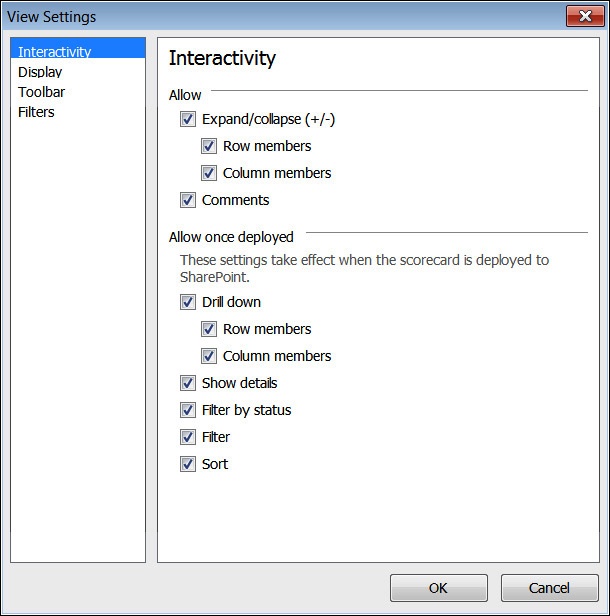 A screenshot of the Dashboard Designer View Settings for the scorecard Interactivity options.