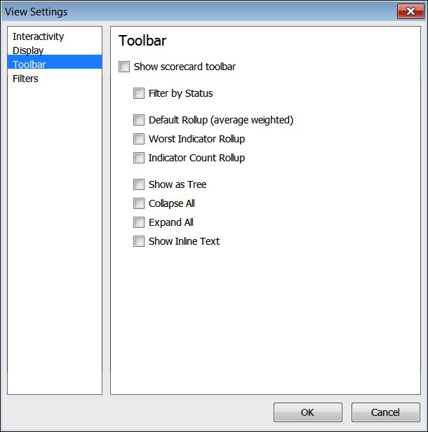 A screenshot of the Dashboard Designer View Settings for the scorecard Toolbar options.