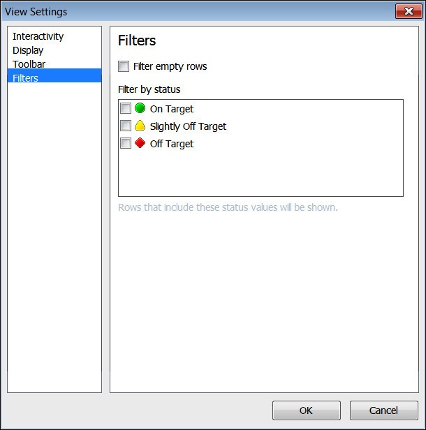 A screenshot of the Dashboard Designer View Settings for the scorecard Filter options.