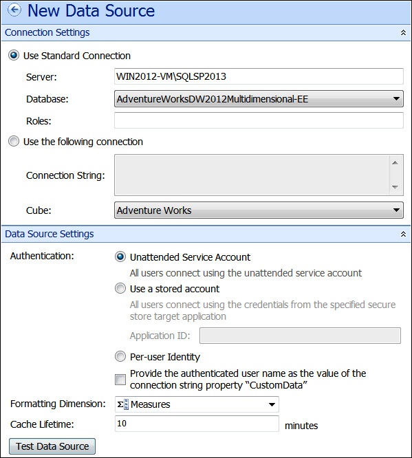 A screenshot of the Dashboard Designer Editor for creating a New Data Source for Analysis Services.