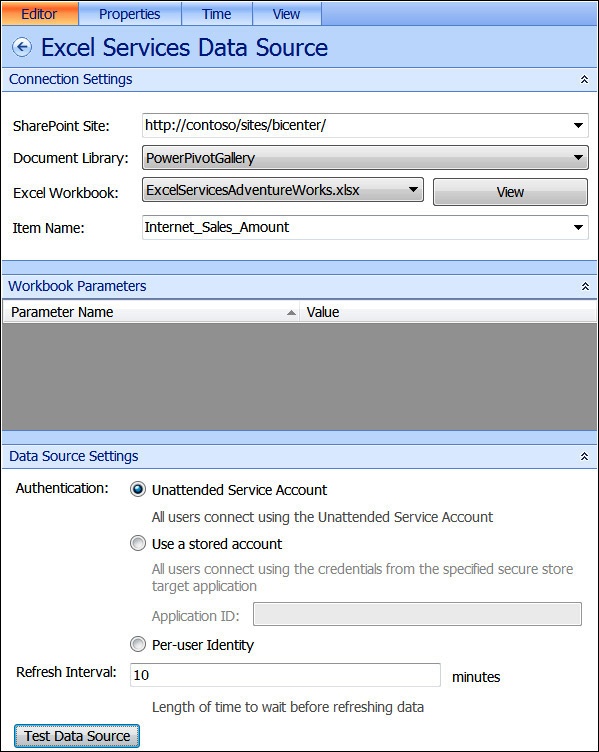 A screenshot of the Dashboard Designer Editor for creating a New Data Source for Excel Services.