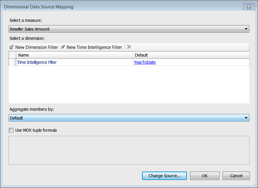 A screenshot of the Dashboard Designer Dimensional Data Source Mapping settings dialog. The Name value is set to Time Intelligence Filter and Default is YearToDate.