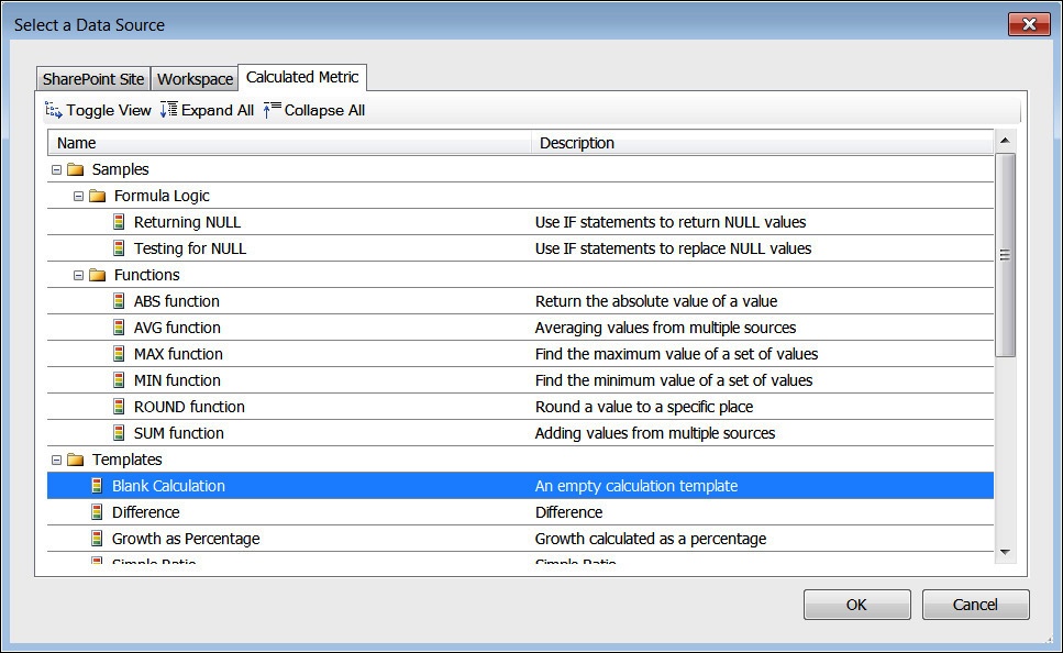 A screenshot of the Select A Data Source dialog for a Calculated Metric setting to the value to Blank Calculation.