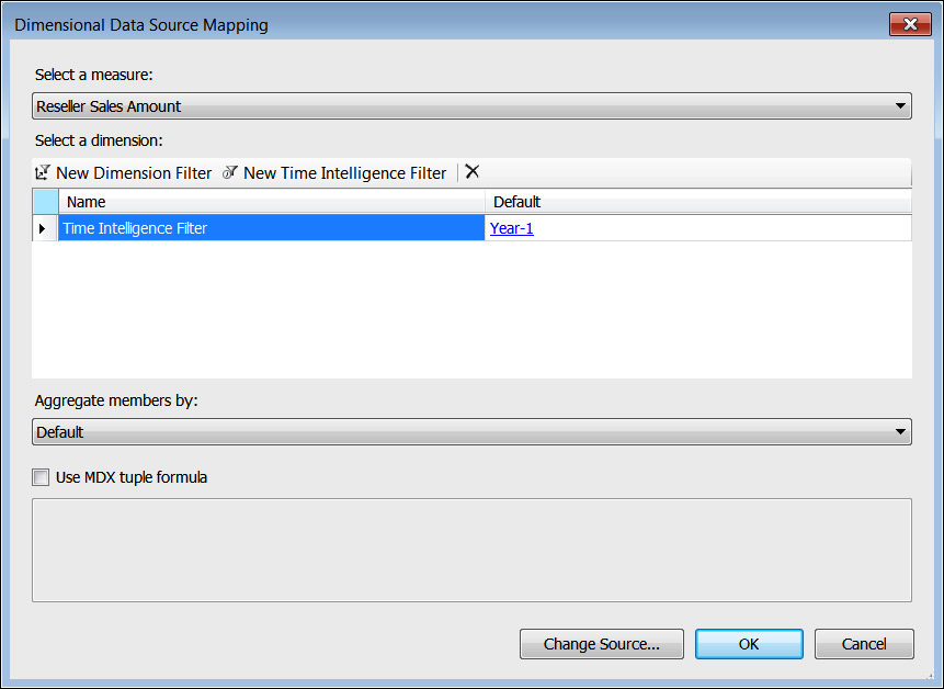 A screenshot of the Dimensional Data Source Mapping dialog setting Reseller Sales Amount for the Measure and adding the New Time Intelligence Filter.