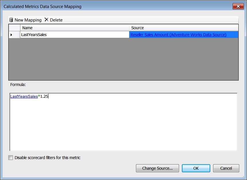 A screenshot of the Calculated Metrics Data Source Mapping dialog with the Formula value LastYearSales*1.25 set.