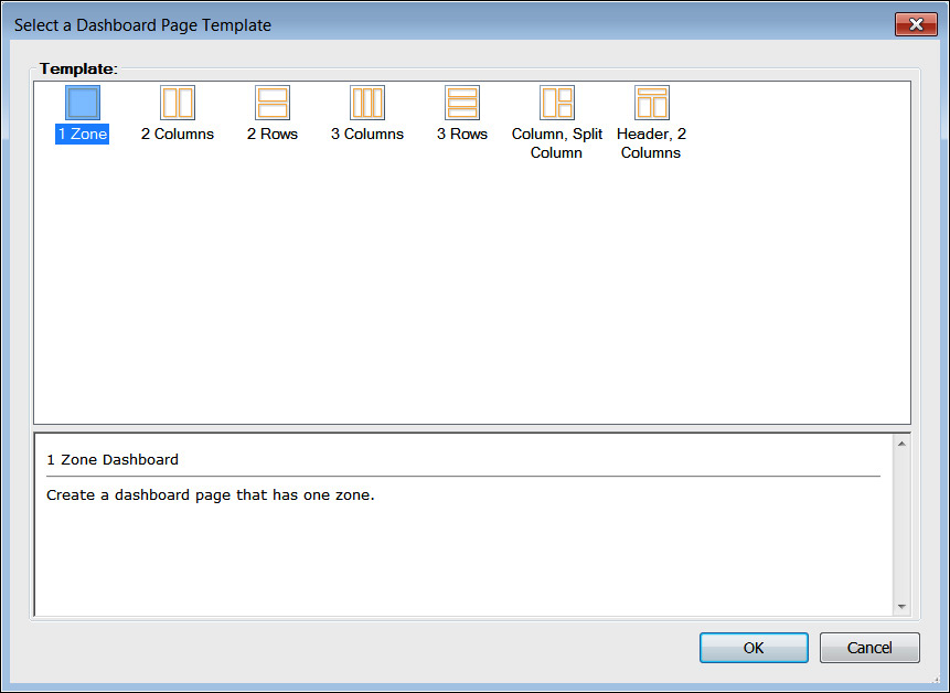 A screenshot of the Select A Dashboard Page Template dialog that shows up when you are creating a new dashboard in Dashboard Designer.