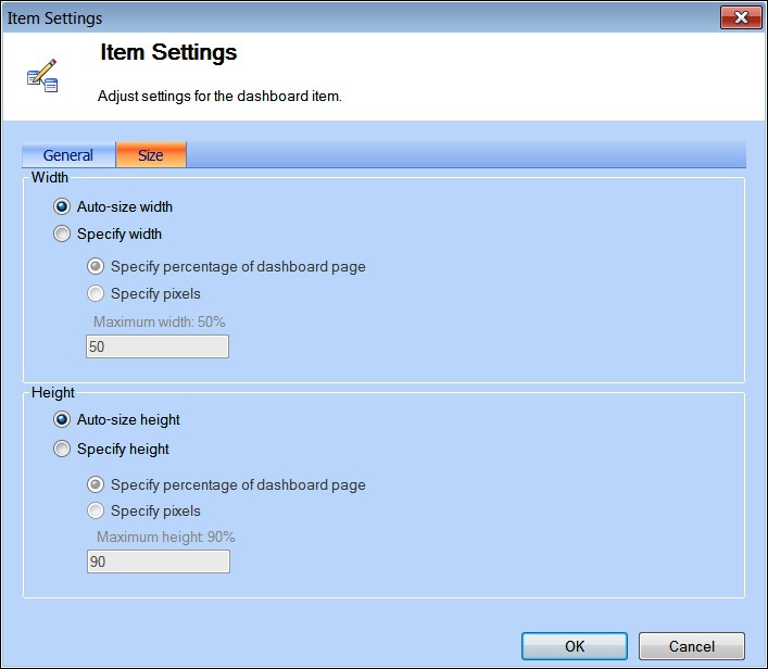 A screenshot of the Dashboard Designer Item Settings dialog Size tab autosize options for page template zones.