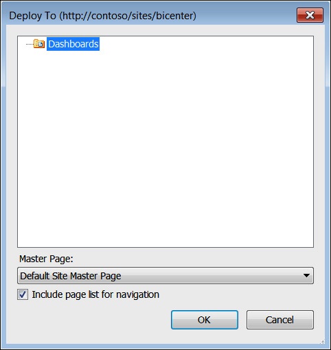 A screenshot of the Deploy To dialog box that shows up when deploying a new dashboard to SharePoint for the first time.