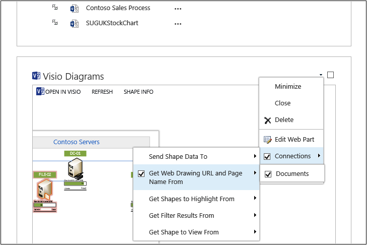 A screenshot of a page in edit mode with a Visio Access Web Part showing the connection options.