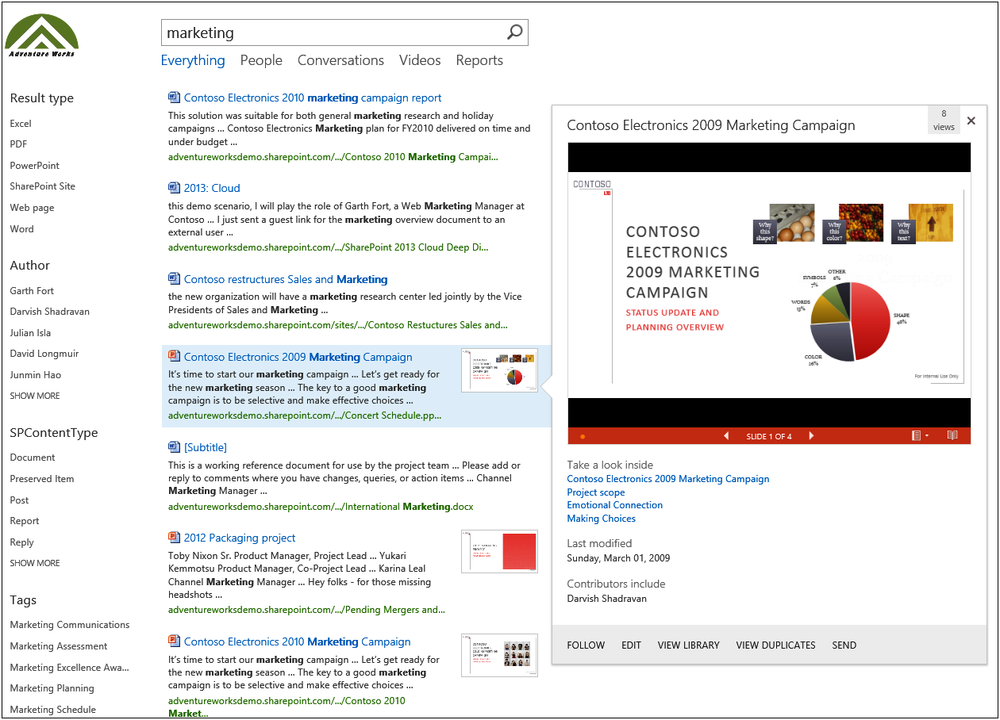 A screenshot of the SharePoint 2013 search results page. The page has a list of results and the user is hovering over a PowerPoint file. Thumbnails of the PowerPoint slides are displayed in a hover panel.