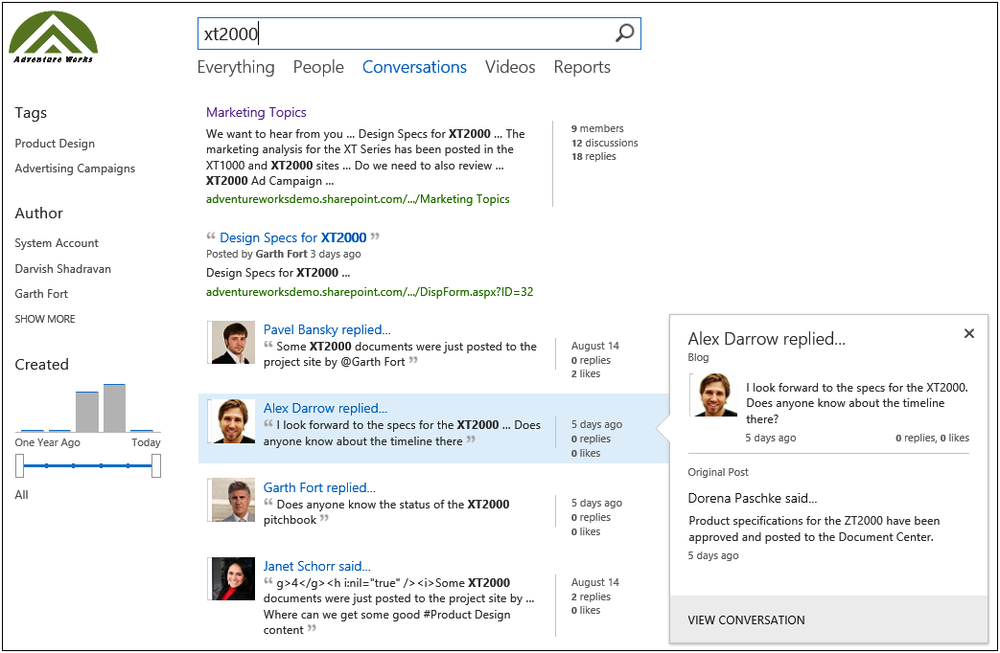 A screenshot of a conversation search results page. The user has searched for a product model and selected the conversations vertical. They are seeing a variety of discussions related to the product.