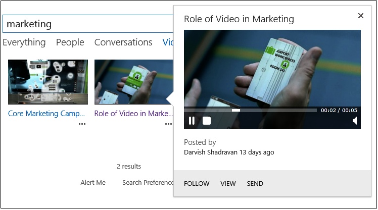 A screenshot of a video search results page. The user is presented with thumbnails of videos that match their search term. They are previewing the video on the search results page.