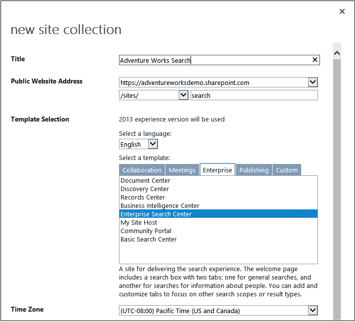 A screenshot of the new site-collection creation page. An Enterprise Search Center is the site template selected.