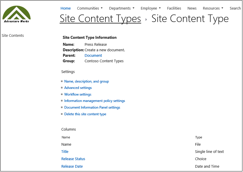 A screenshot of site content types. The press release content type and its associated properties is being shown.