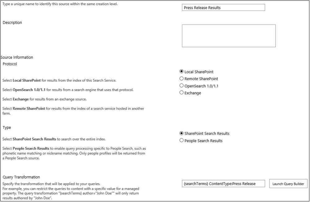 A screenshot of the result source configuration page. Currently the press release result source is being created.