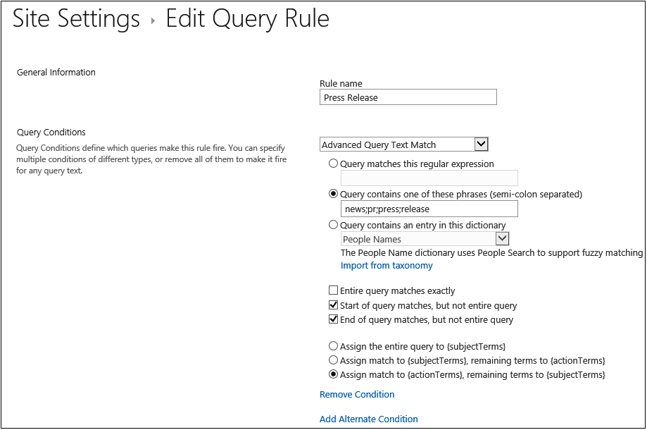 A screenshot of the press release query rule being created in Site Settings.