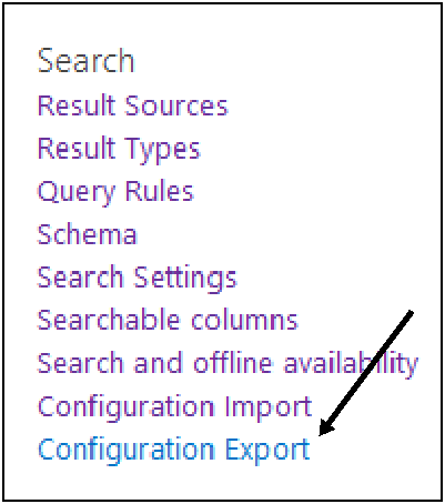 A screenshot of the search configuration options within Site Settings. The Configuration Export is being called out.