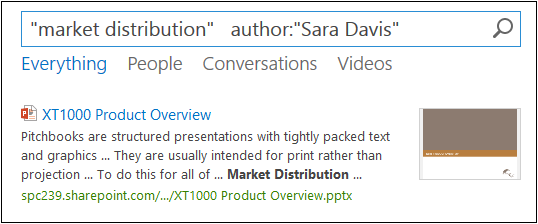 A screenshot of a search results page where the user has searched using property restrictions. The results include a PowerPoint item authored by Sara Davis that matches “market distribution.”