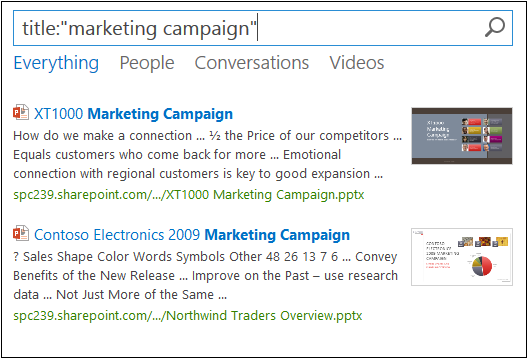 A search results page where the user has searched for items that have the term “marketing campaign” in the title.