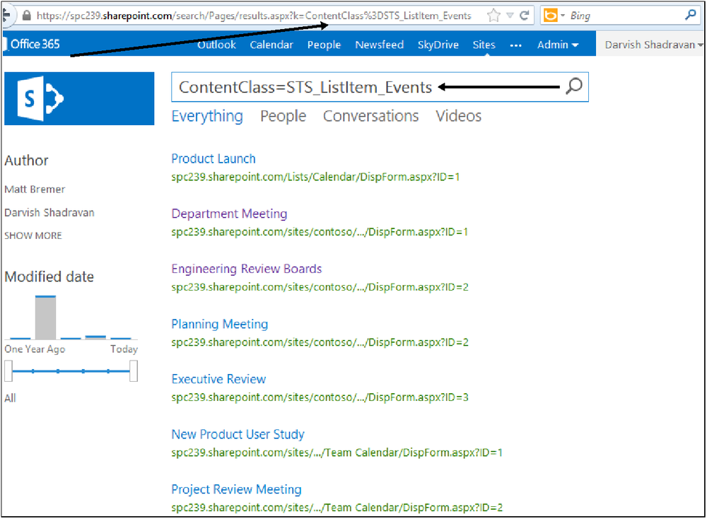 A search results page using KQL syntax as a parameter in the search term. The page is returning a list of internal company events from various SharePoint sites.