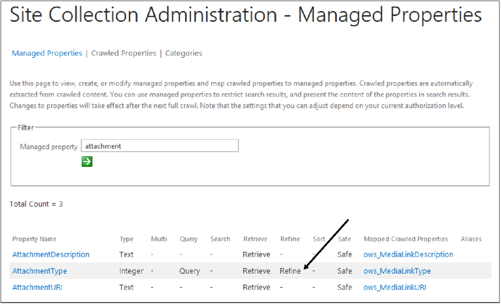 A screenshot of Managed Properties in Site Collection Administration. The refine value of a property is being called out.