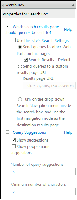 A screenshot of the Search Box Web Part properties.