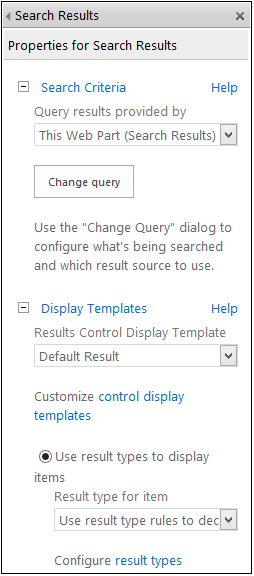 A screenshot of the Search Results Web Part properties. In the illustration are options to change the search query, use different display templates, and so on.