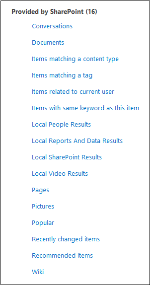 A screenshot of the 16 default result sources provided by SharePoint. Included in the list of result sources are conversations, documents, pictures, and so forth.