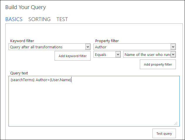 A screenshot of the Query Builder interface. The example shows a configuration that will alter queries to return only results where the user performing the search is also the author.