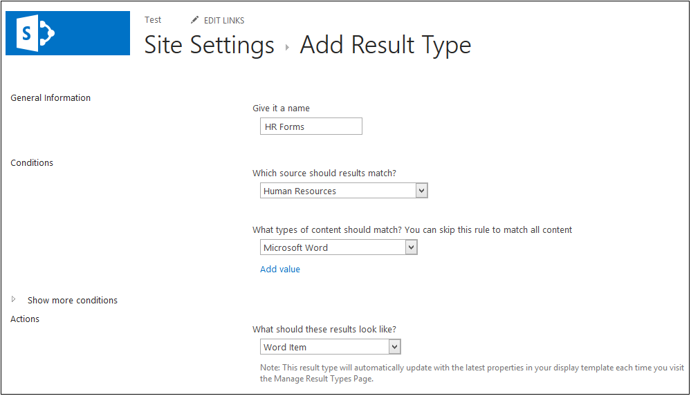 A screenshot showing the Add Result Type option within Site Settings. The image is showing the addition of a custom result type for human resource forms.