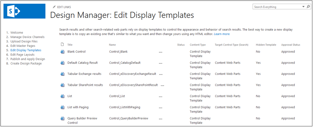 A screenshot showing a list of the various display templates within the Design Manager tool.