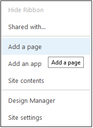 A screenshot showing how to add a page from the Settings menu in a Search Center site.