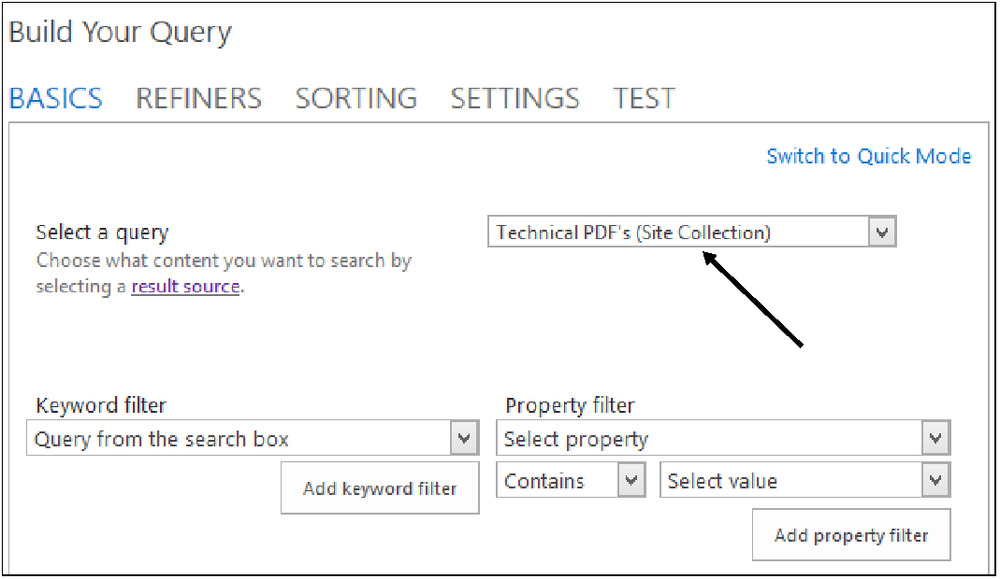 A screenshot showing the Query Builder portion of the Search Results Web Part. The configuration being performed is pointing all matching queries at the technical PDF’s result source.