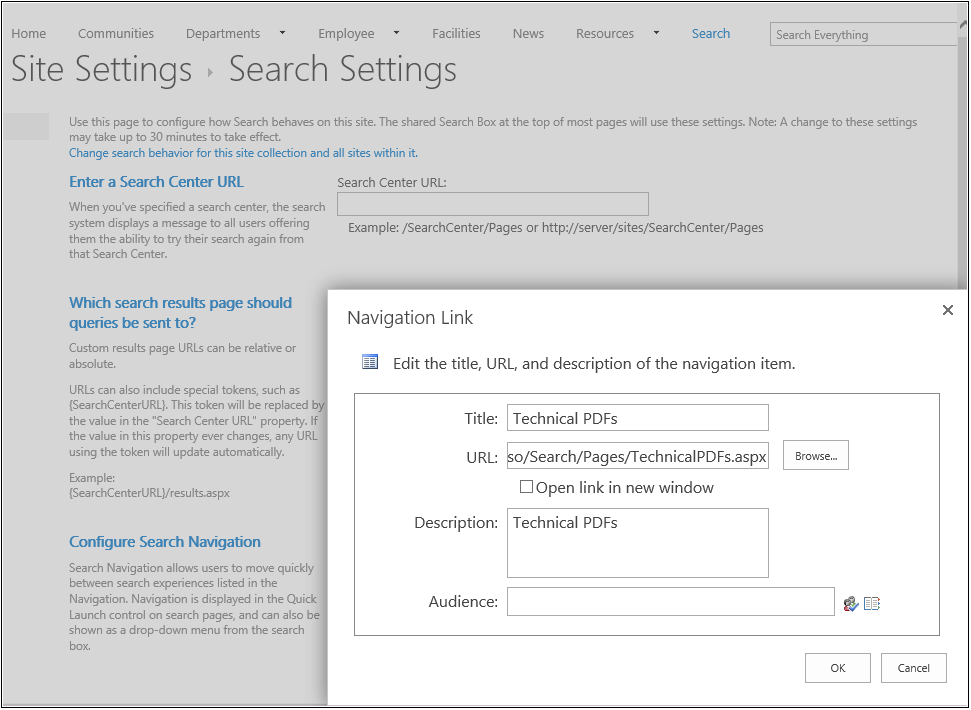 A screenshot showing a new Search Navigation link for the technical PDF’s search page being added in Search Settings.