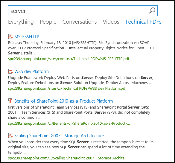 A screenshot of search results page showing the completed technical PDF’s search page in action. The user searched on the term “server,” and a list of matching PDF results is shown.