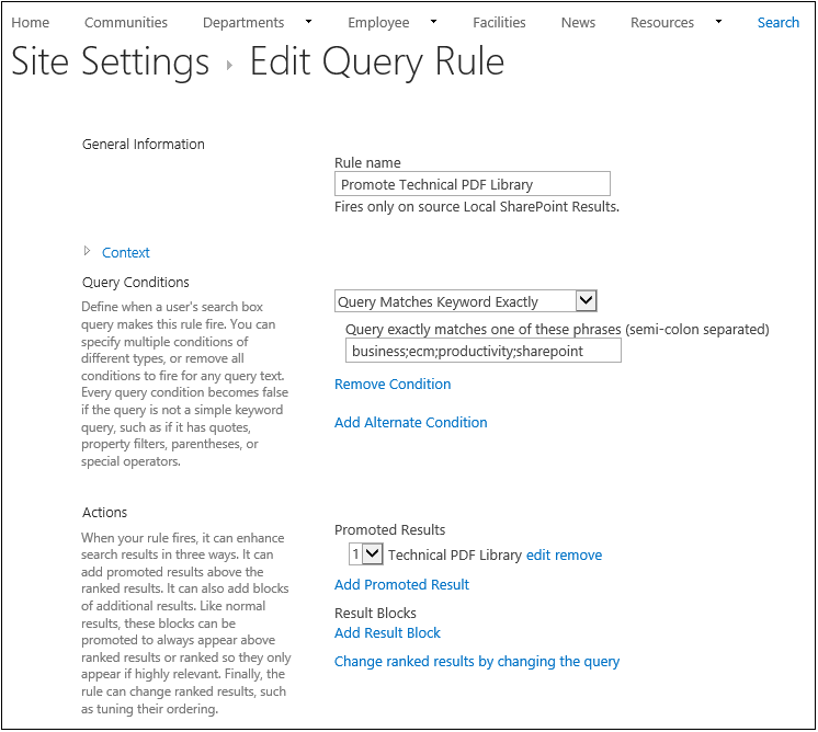 A screenshot that shows a query rule being configured in order to provide a promoted result for the Technical PDF Library when a user performs a search.