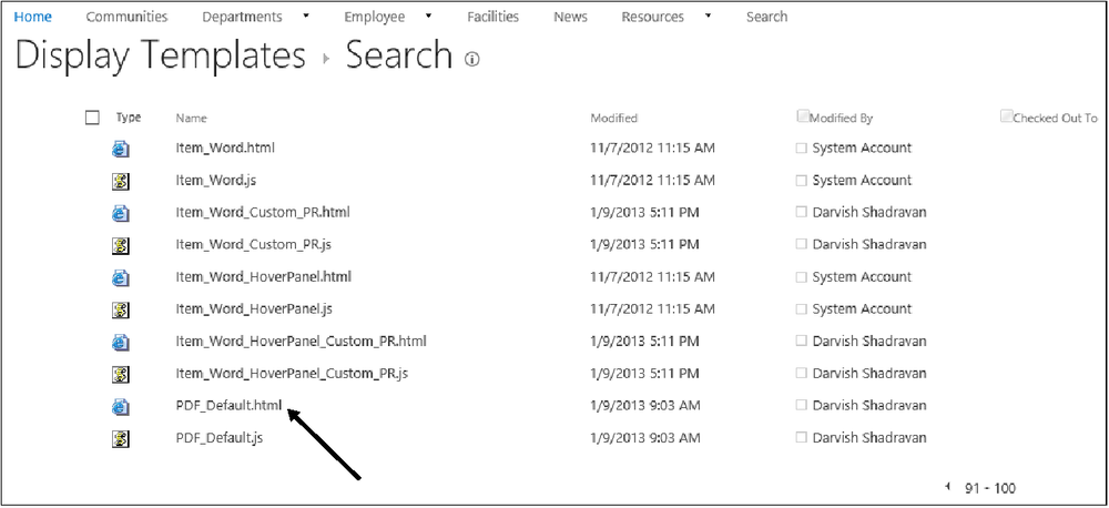 A screenshot showing search display templates. There is a callout on the image which points out the PDF_Default template.