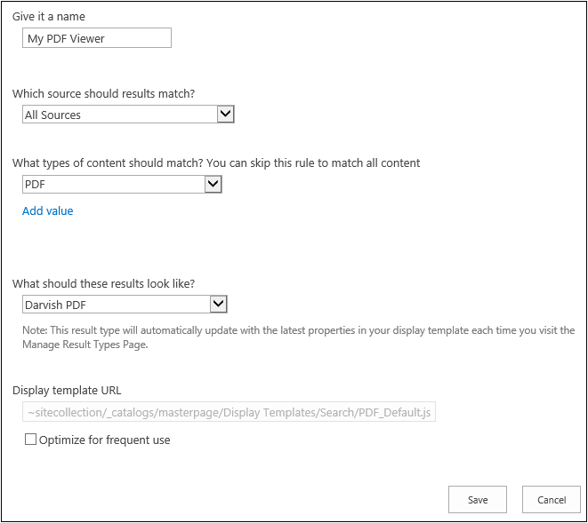 A screenshot of a custom result type creation page. The result type matches up PDF results with a custom PDF display template.