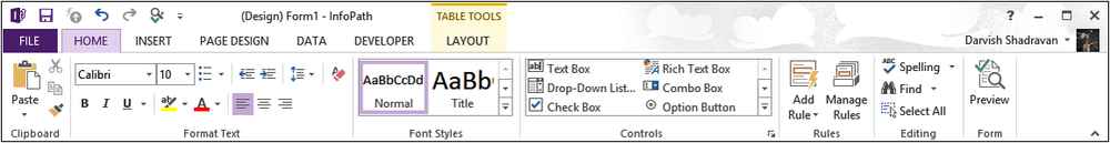 A screenshot of the InfoPath ribbon menu. The Home tab is currently active.